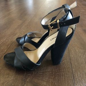 Shoemint Black Block Heel Sandals with Gold Hardware | Size 5